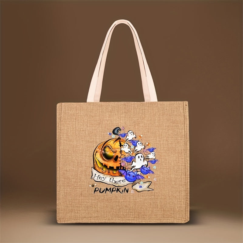 Halloween Tote Bag Pumpkin & Ghost Pattern Lightweight Shoulder Bag