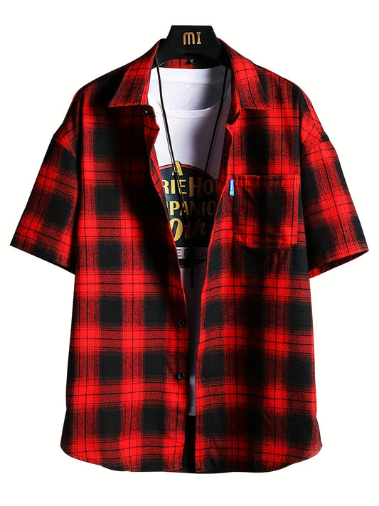 Plaid Print Men's Casual Short Sleeve Shirt With Pocket for Summer
