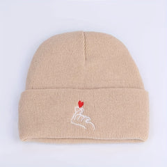 Love Gesture Embroidered Beanie Warm Skull Cap Couple Knit Hat