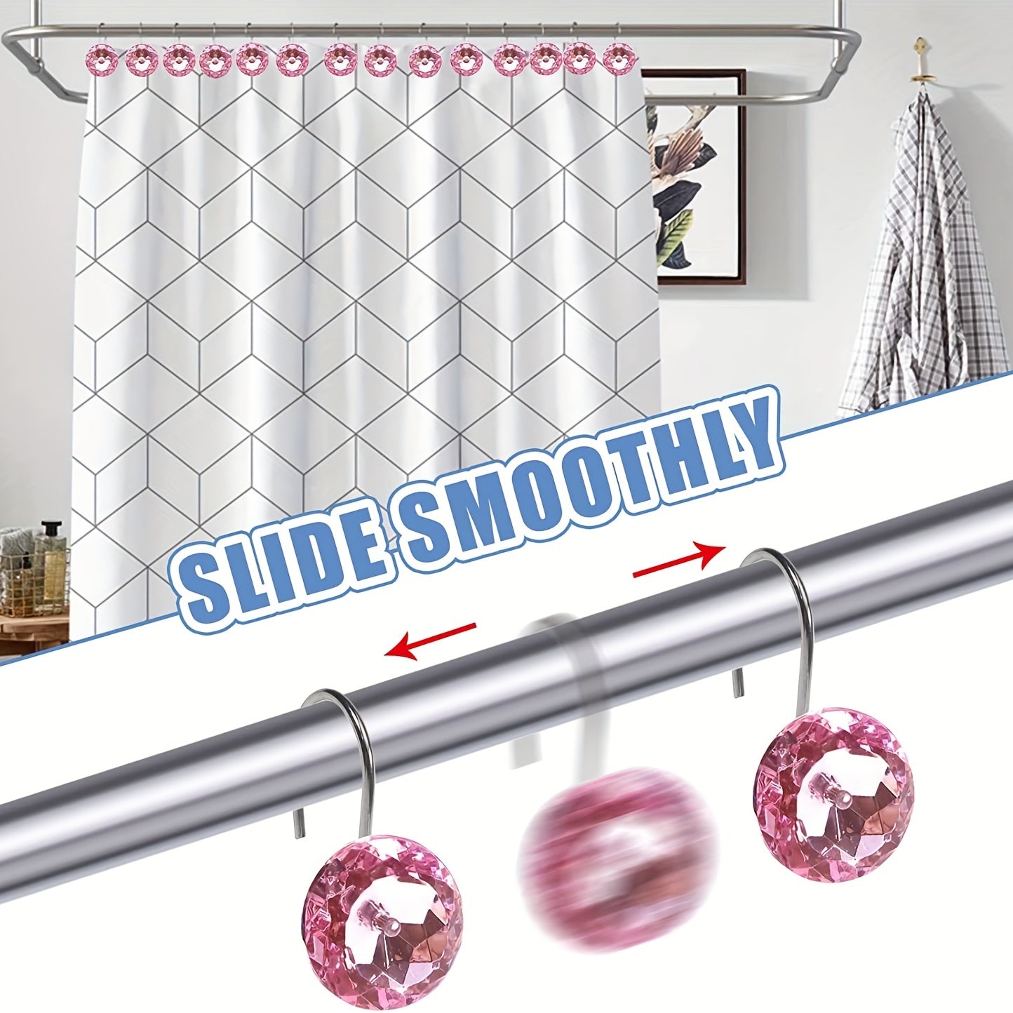 12pcs Pink Rhinestone Shower Curtain Hooks Decorative Round Shower Curtain Rings