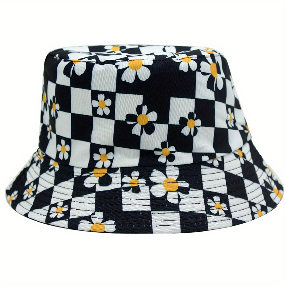 Checkerboard Plaid Flower Basin Hat Sun Hat for Men