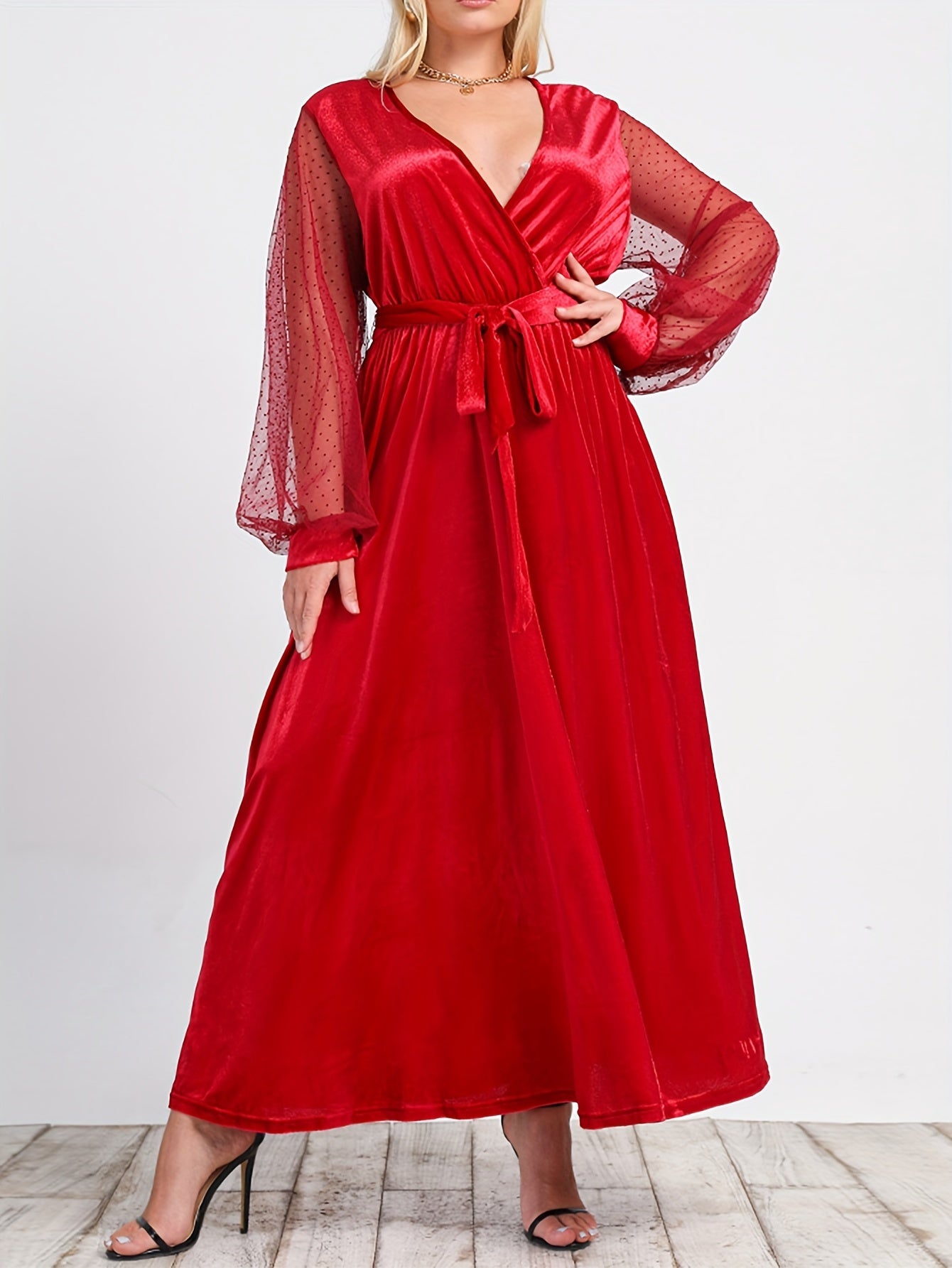  Sexy Dress Women's Solid Mesh Dot Lantern Sleeve Maxi Dress