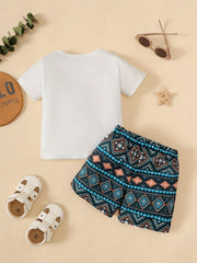 2pcs Boys Casual Set Toddlers Short Sleeve T shirt & Ethnic Geometrical Graphic