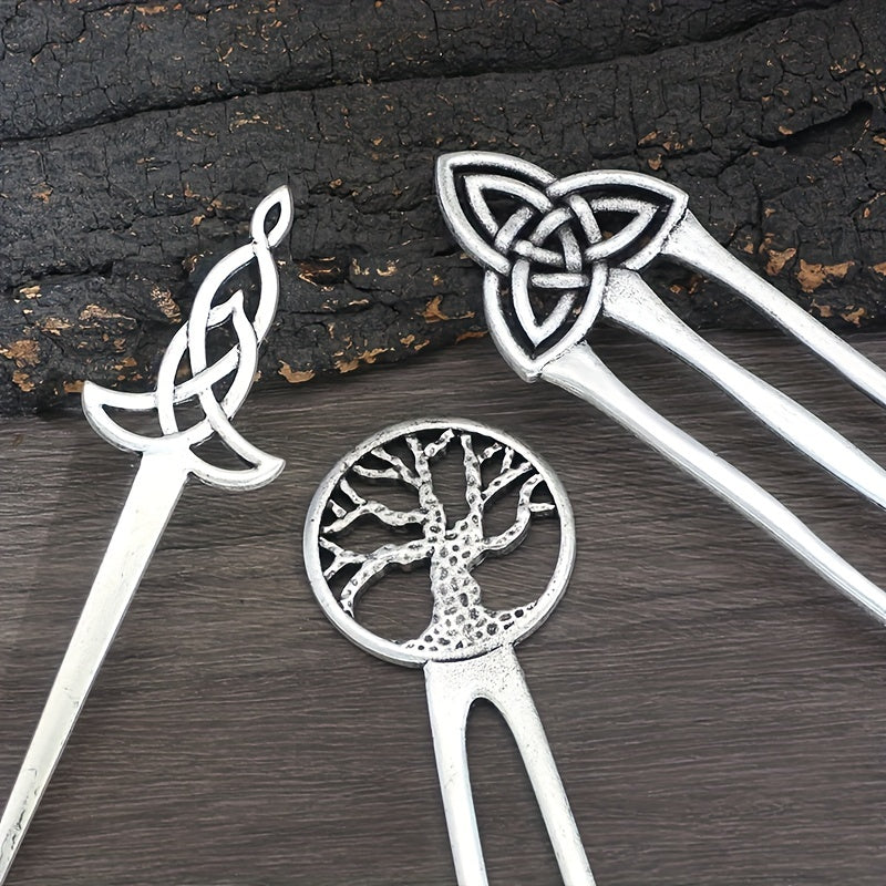 Vintage Viking Style Hairpin Tree Of Life Hairpin Celtic Knot Crescent Moon Silv