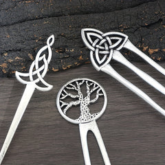 Vintage Viking Style Hairpin Tree Of Life Hairpin Celtic Knot Crescent Moon Silv