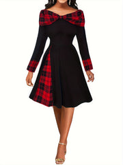  Colorblock Plaid Print Boat Neck Dress
