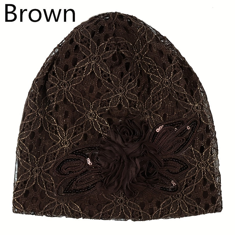 Flower Decor Lace Beanie Solid Turban Hat Lightweight Chemo Cap