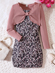 Girl's Floral Sundress & Ribbed Cardigan Set for Spring