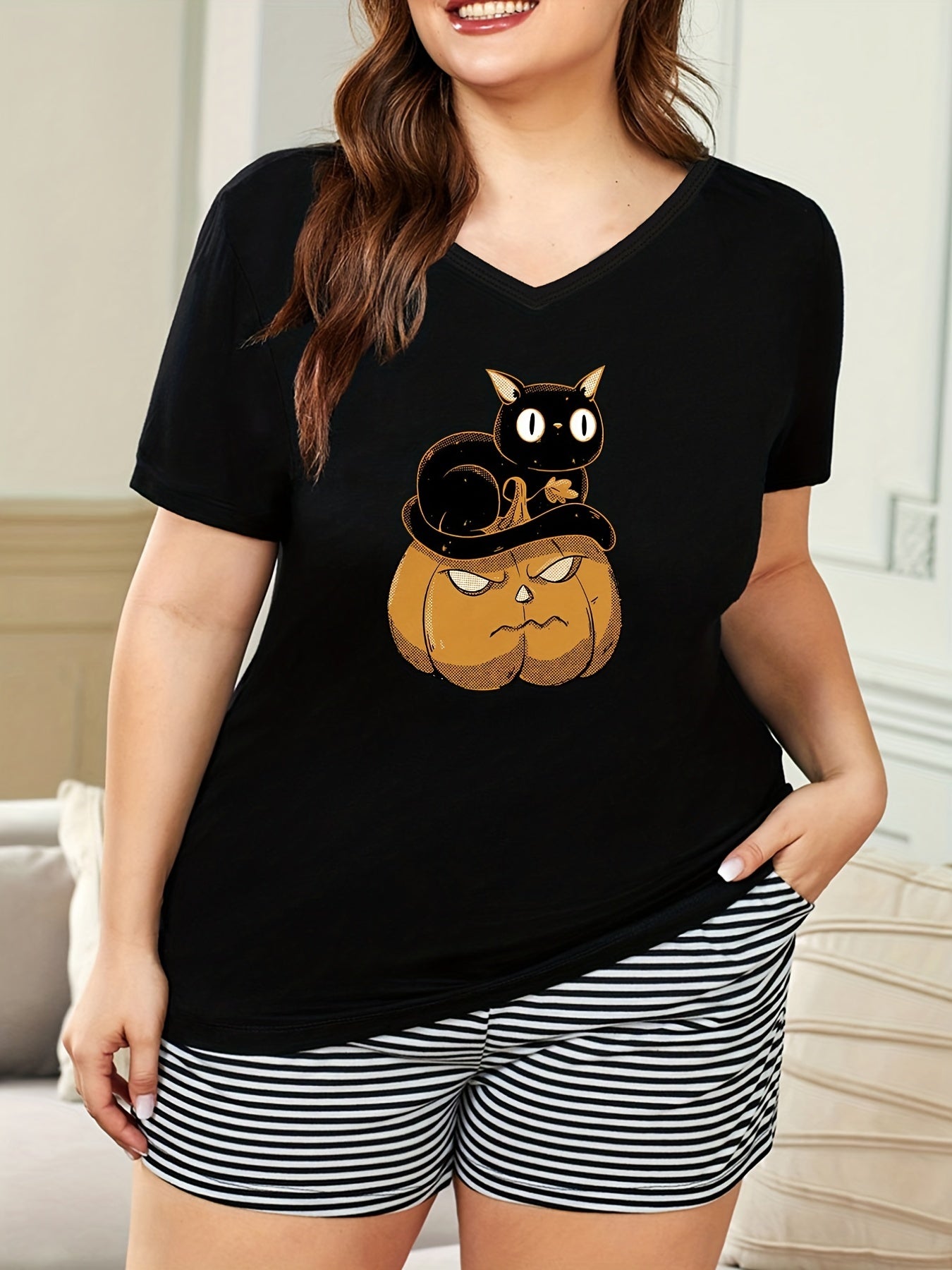 Halloween Lounge Top Women's Plus Cat & Pumpkin Print