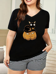  Halloween Lounge Top Women's Plus Cat & Pumpkin Print