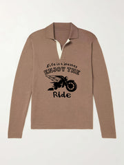 Men's Motorcycle Pattern Knit Polo Shirt V Neck Pullover Sweater