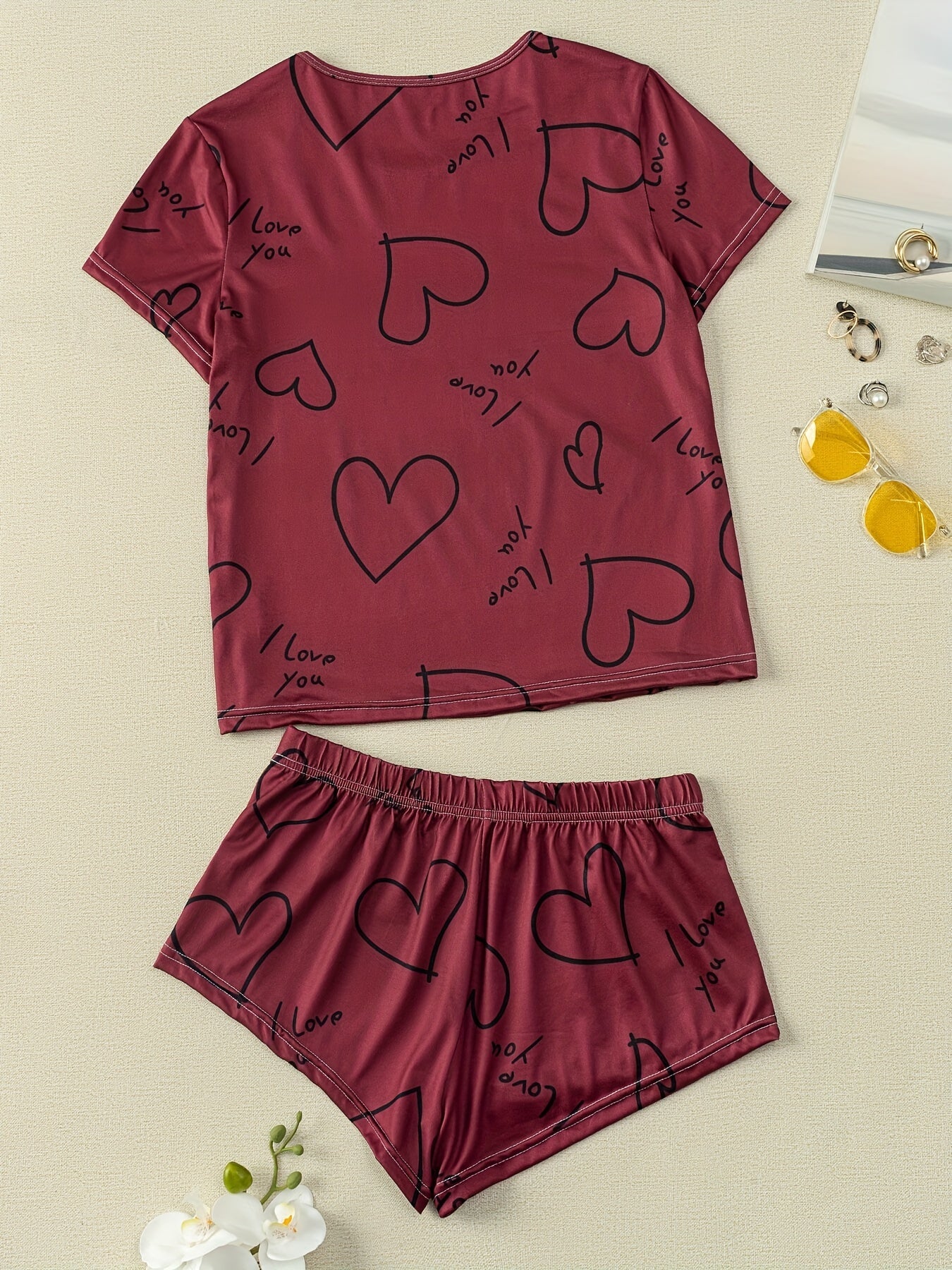 Heart Print Pajama Set Short Sleeve Crew Neck Top & Cozy Shorts