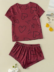 Heart Print Pajama Set Short Sleeve Crew Neck Top & Cozy Shorts
