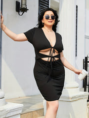  Sexy V Neck Cut Out Tie Front Dress