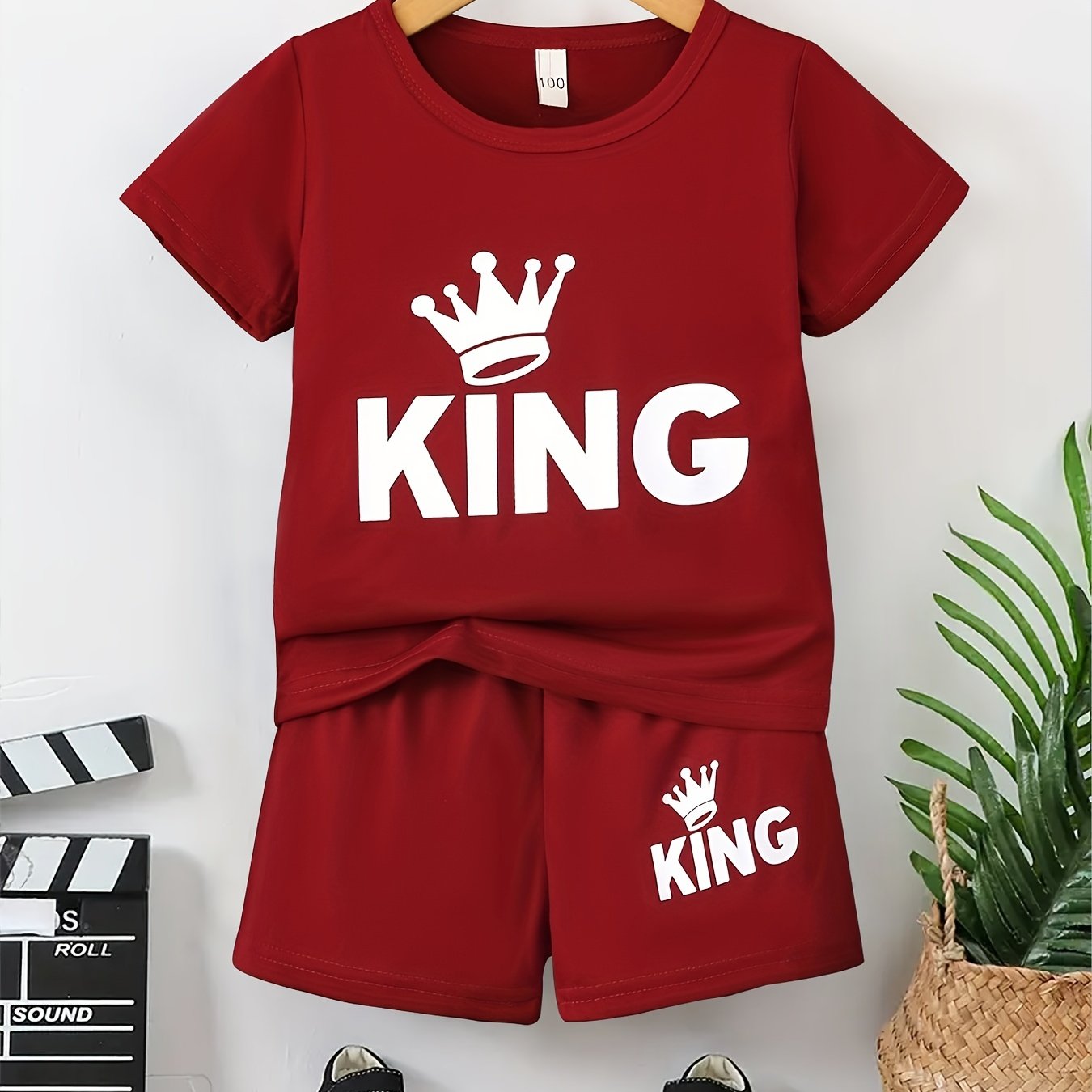 Boy's KING Crown Print T-shirt & Shorts Set for Summer