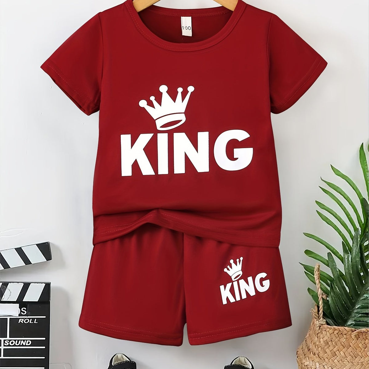 Boy's KING Crown Print T-shirt & Shorts Set for Summer