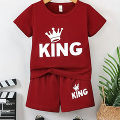 Boy's KING Crown Print T-shirt & Shorts Set for Summer