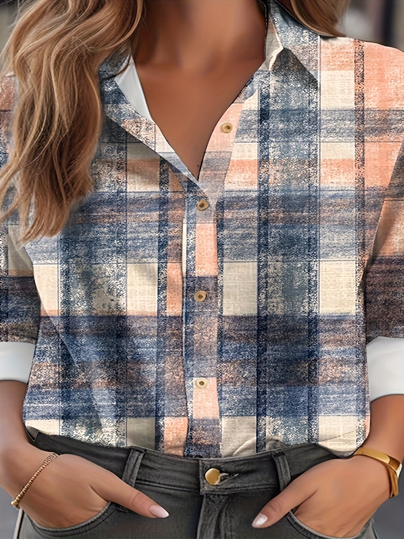  Plaid Long Sleeve Button Up Collar Shirt Top