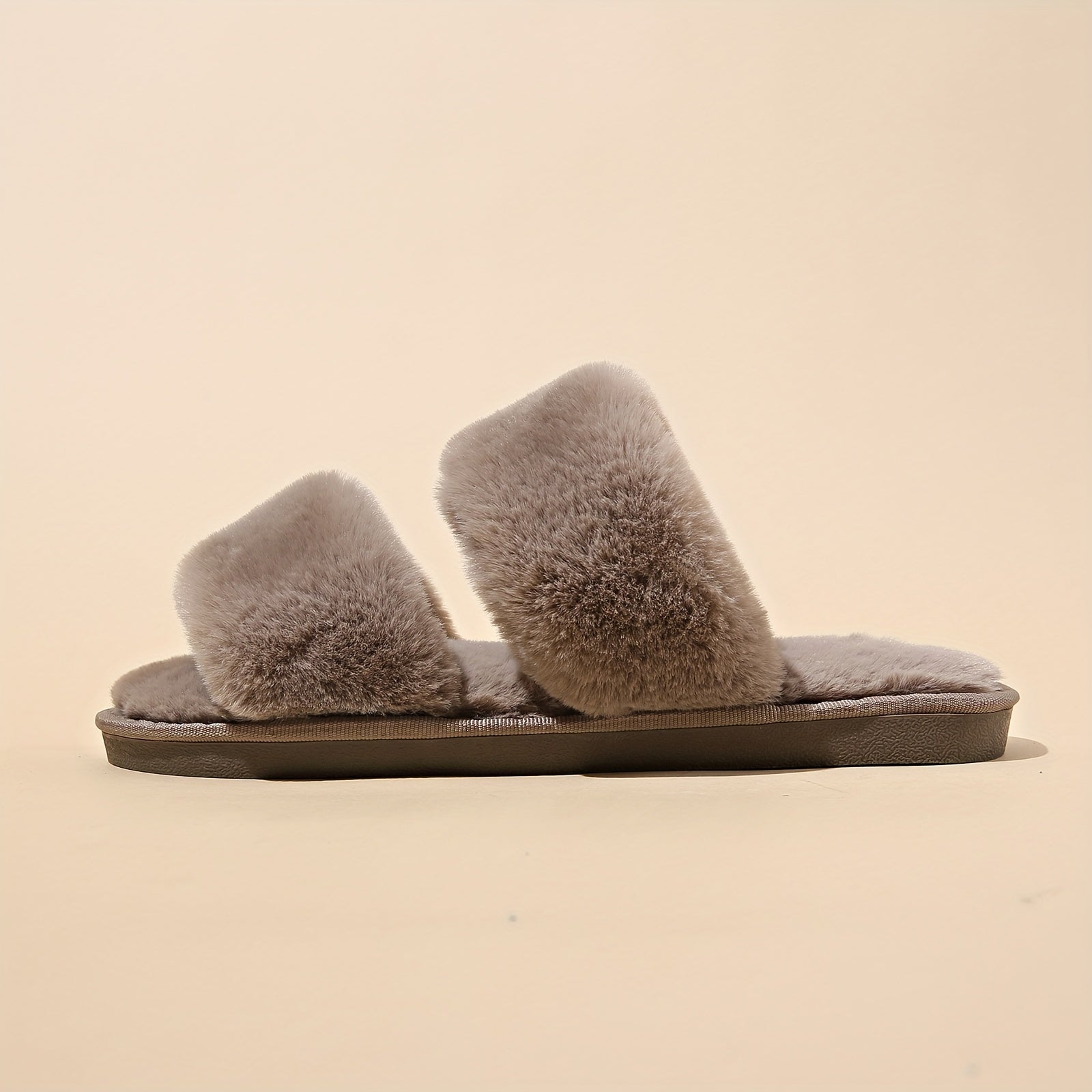 Women's Double Straps Flat Slippers Open Toe Solid Non Slip Fluffy Home Shoes