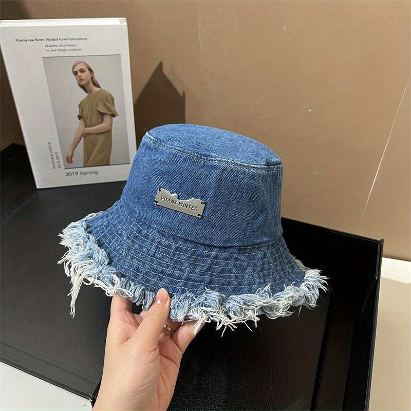 Ripped Washed Bucket Hat Unisex Tassel Denim Basin Hat Iron Label Decor