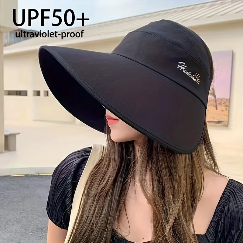 Wide Brim Ponytail Visor Hat UV Protection Windproof Sun Hats Solid Travel Beach