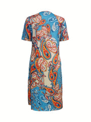  Paisley Print Short Sleeve Round Neck Dress