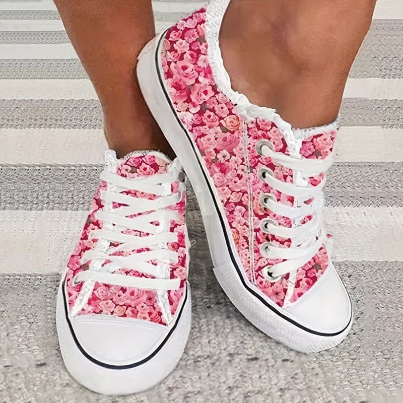 Women's Floral Print Canvas Shoes Lace Up Sneakers Low Top Comfortable