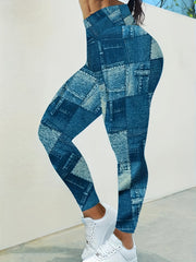  Colorblock Denim Print High Rise Leggings