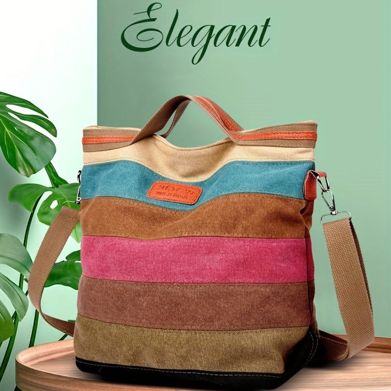 Rainbow Canvas Tote Bag Vintage Stitching Shoulder Bag
