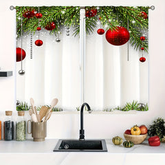 Christmas Red Ball Curtain Pine Leaves Rod Pocket Curtains