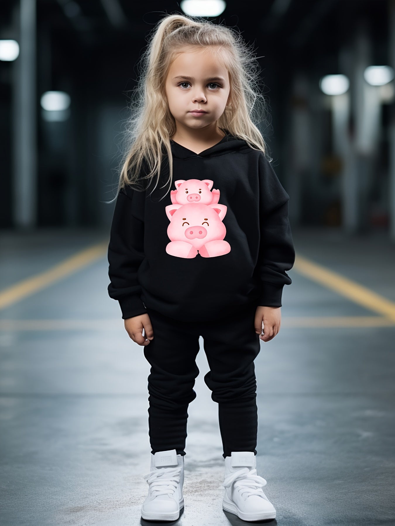 Kids 2pcs Piggy Family Print Hooded Pullover Pants Set For Spring Fall