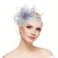 Mesh Flower Head Piece With Clip Faux Feather Fascinator