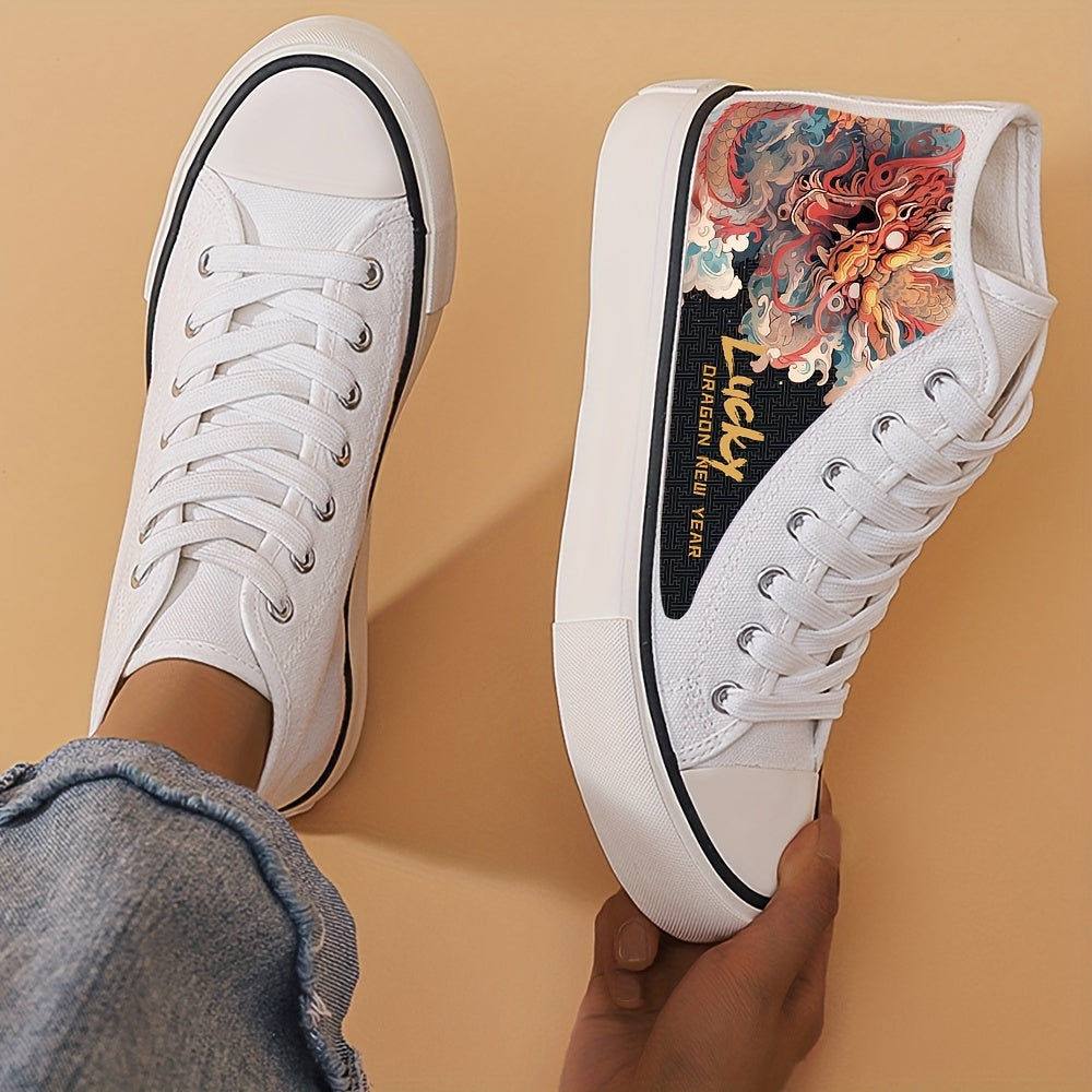Dragon Print Chunky Canvas Sneakers High Top Skate Shoes