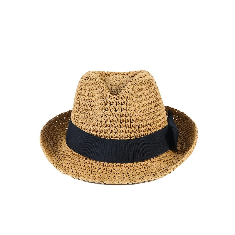 Curved Brim Brown Sun Hat Hollow Crochet Fedora Cap Women's