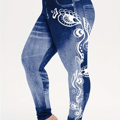  Floral & Denim Print Skinny Leggings