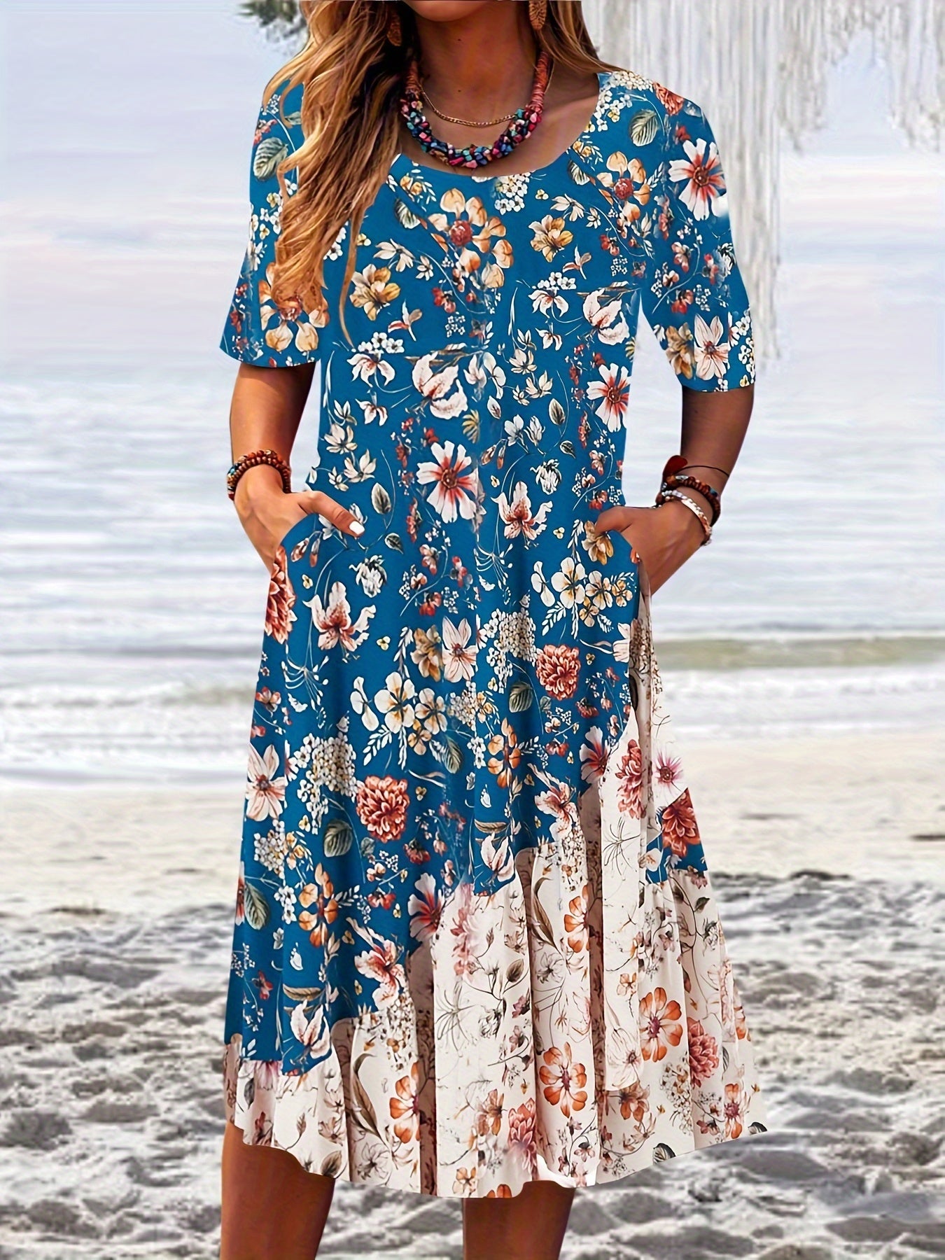 Floral Print Short Sleeve Round Neck Dress With Pockets