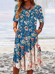 Floral Print Short Sleeve Round Neck Dress With Pockets