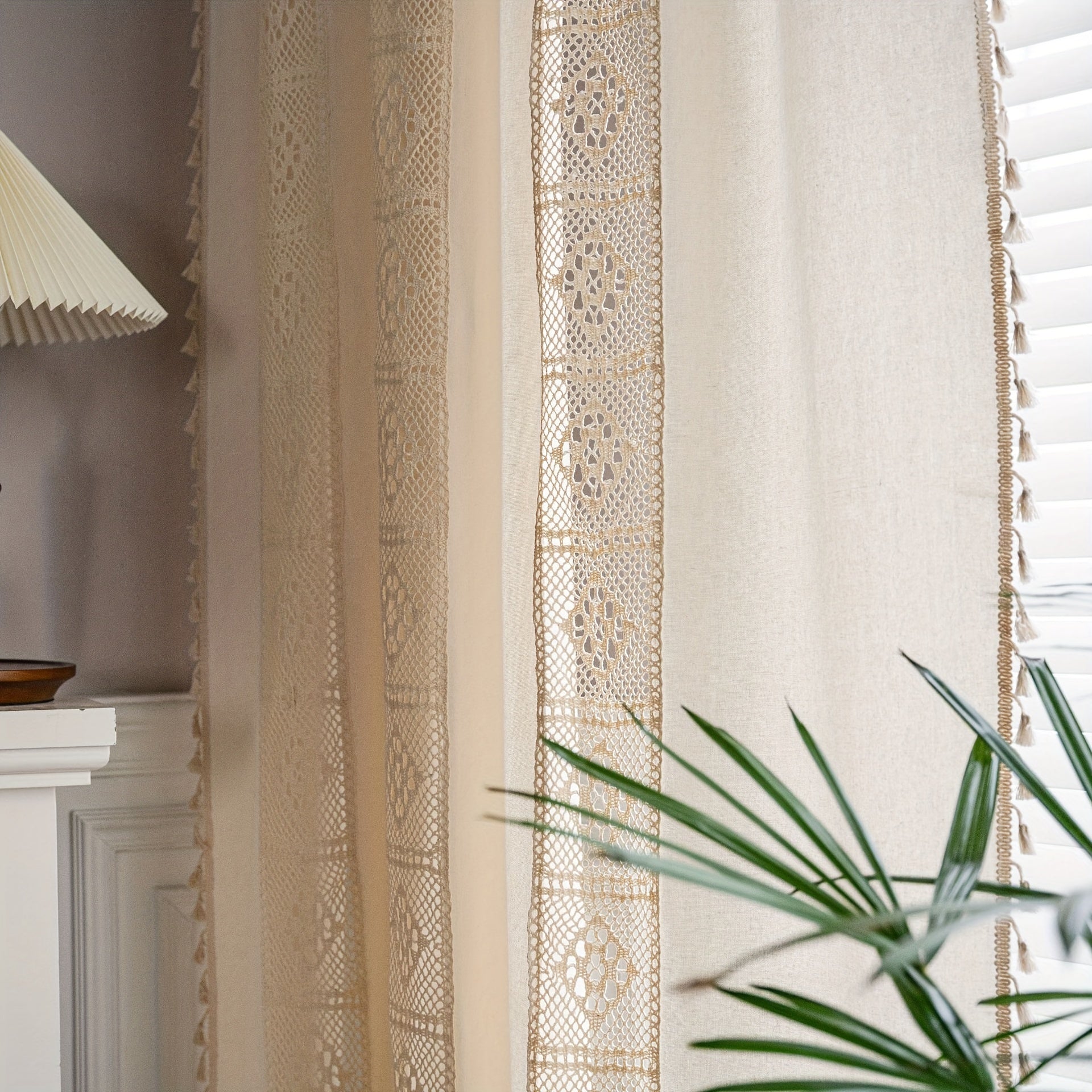 Boho Tassel Lace Patchwork Curtains Beige
