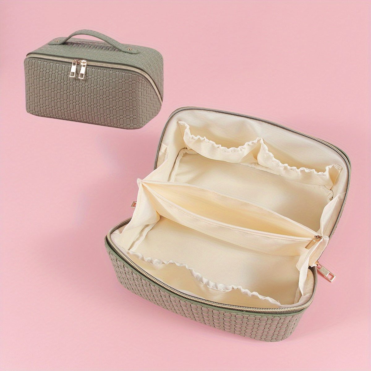 Embossed PU Leather Makeup Storage Bag Zipper Top Handle