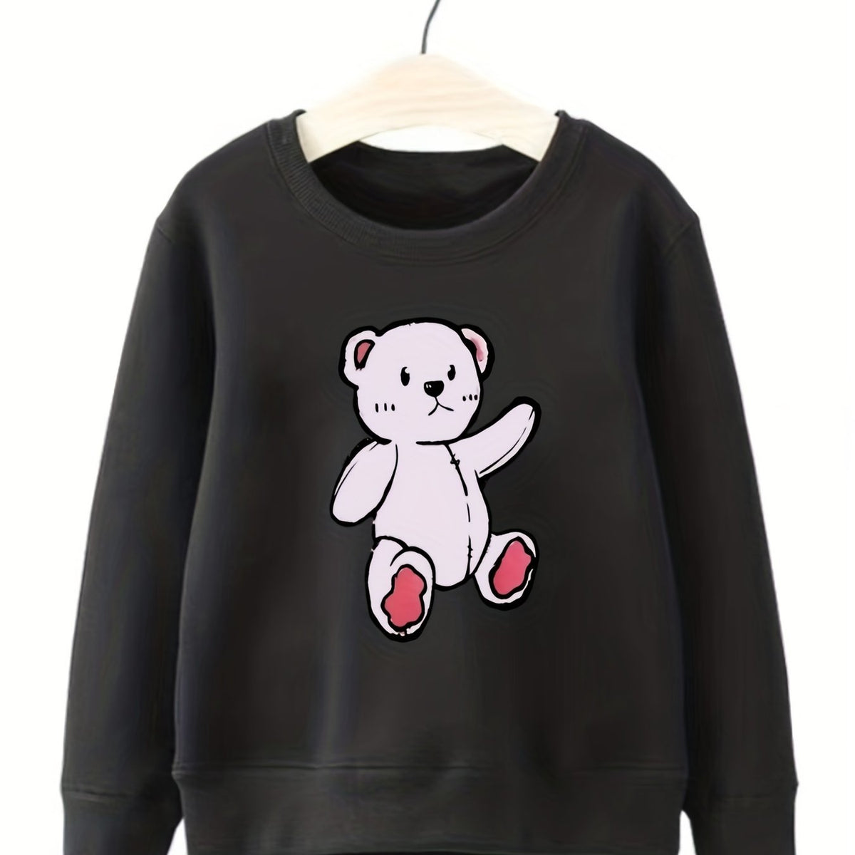 Girls Pink Bear Print Long Sleeve Sweatshirt Top Pullovers