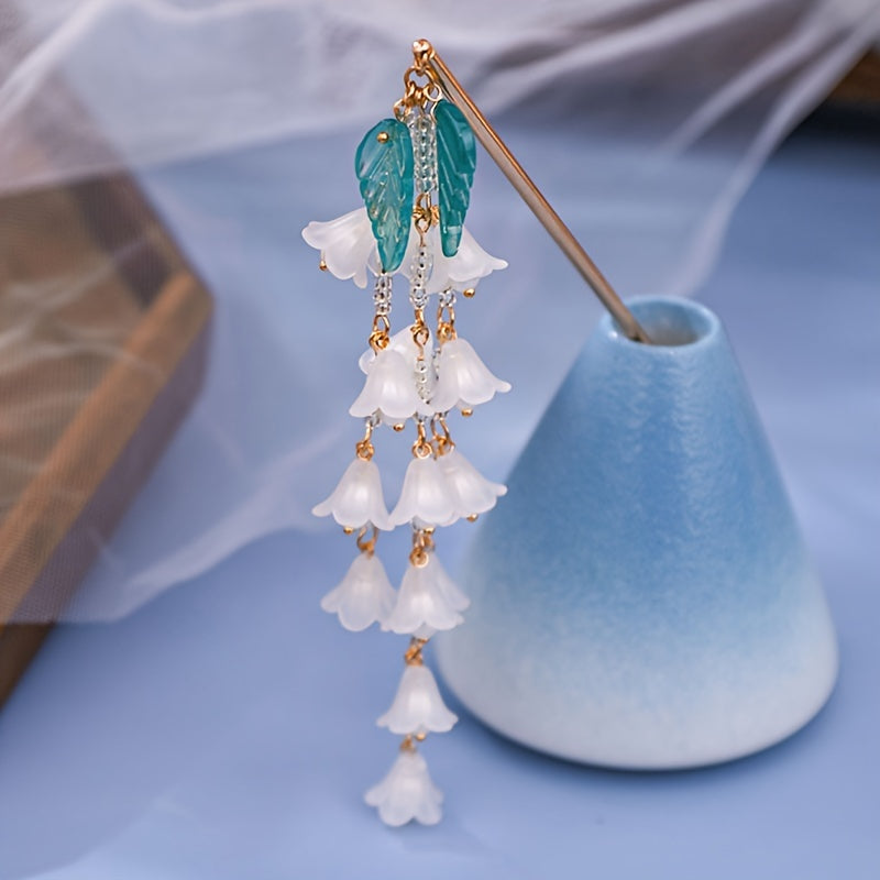 Vintage Chinese Style Hanfu Hairpin with Faux Pearl Flower Leaf
