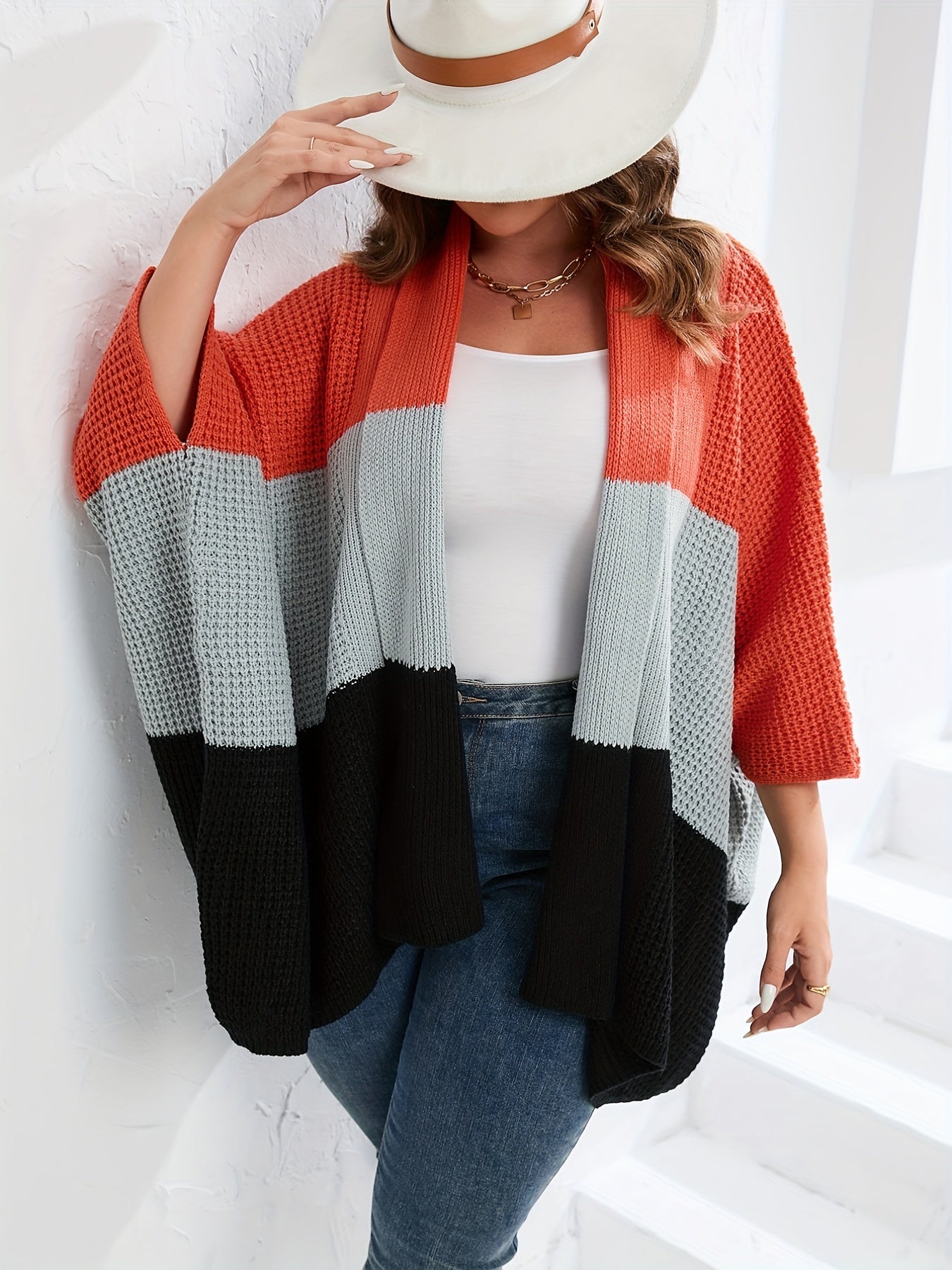  Colorblock Bell Sleeve Sweater Cardigan Women's Plus Casual Sweater