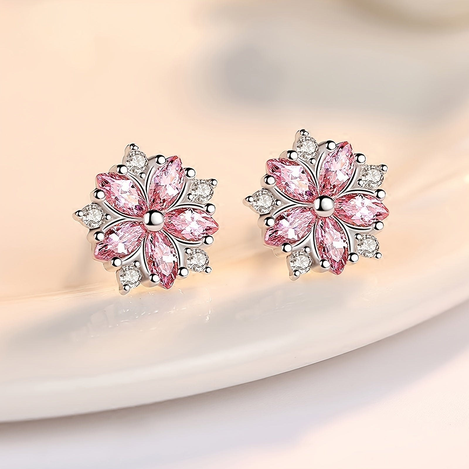 Cherry Blossoms Zircon Stud Earrings For Women Girls Dainty Jewelry