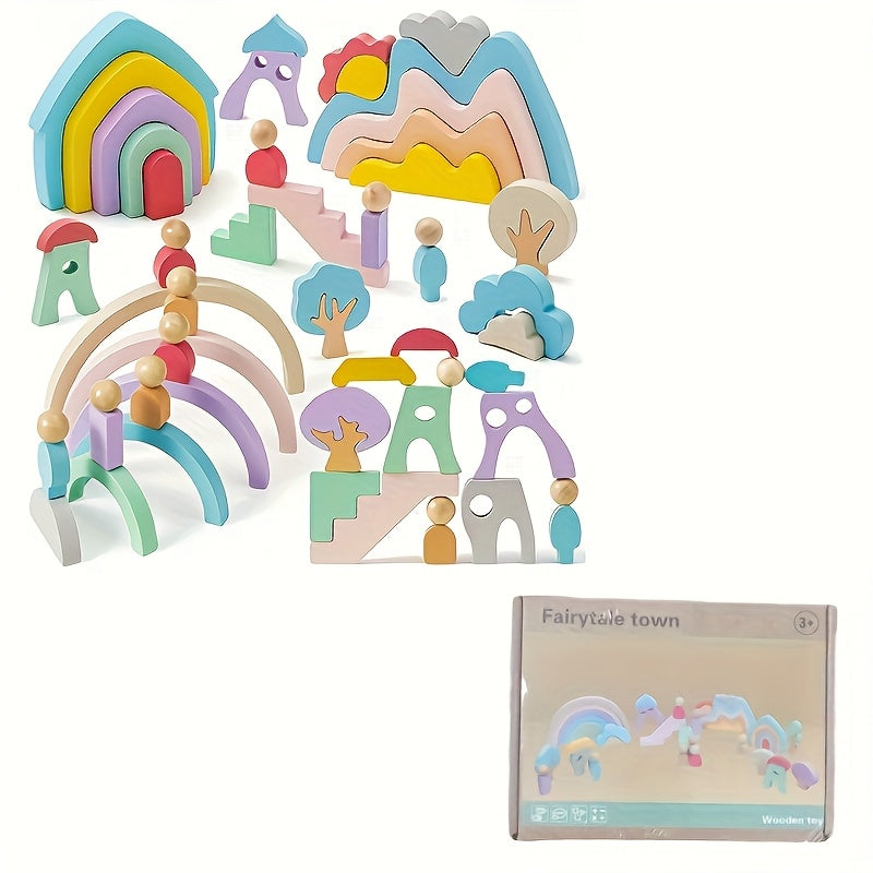 Wooden Building Blocks Rainbow Monster Tree House Mountain Landscape Toy