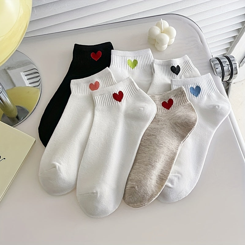 7 Pairs Heart Print Socks & Crew Neck Stockings