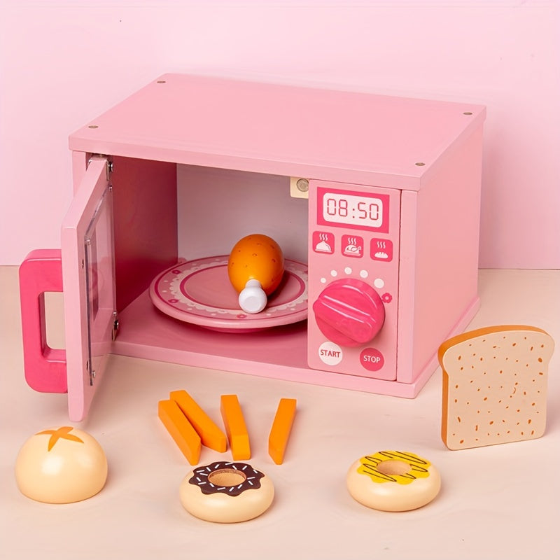 Kids Wooden Microwave Oven Kitchen Playset with Bread Baking Dessert Set