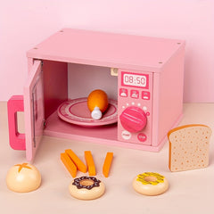 Kids Wooden Microwave Oven Kitchen Playset with Bread Baking Dessert Set