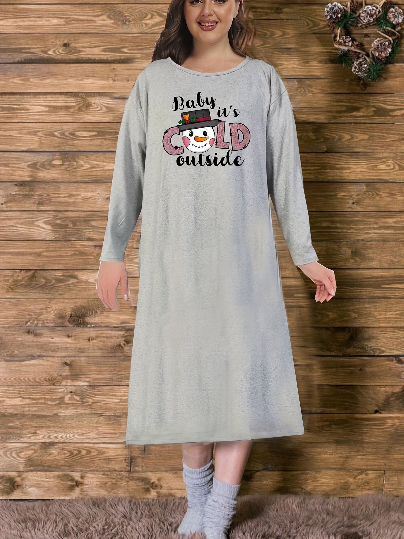  Christmas Loungewear Dress Snowman Print Tee Nightdress