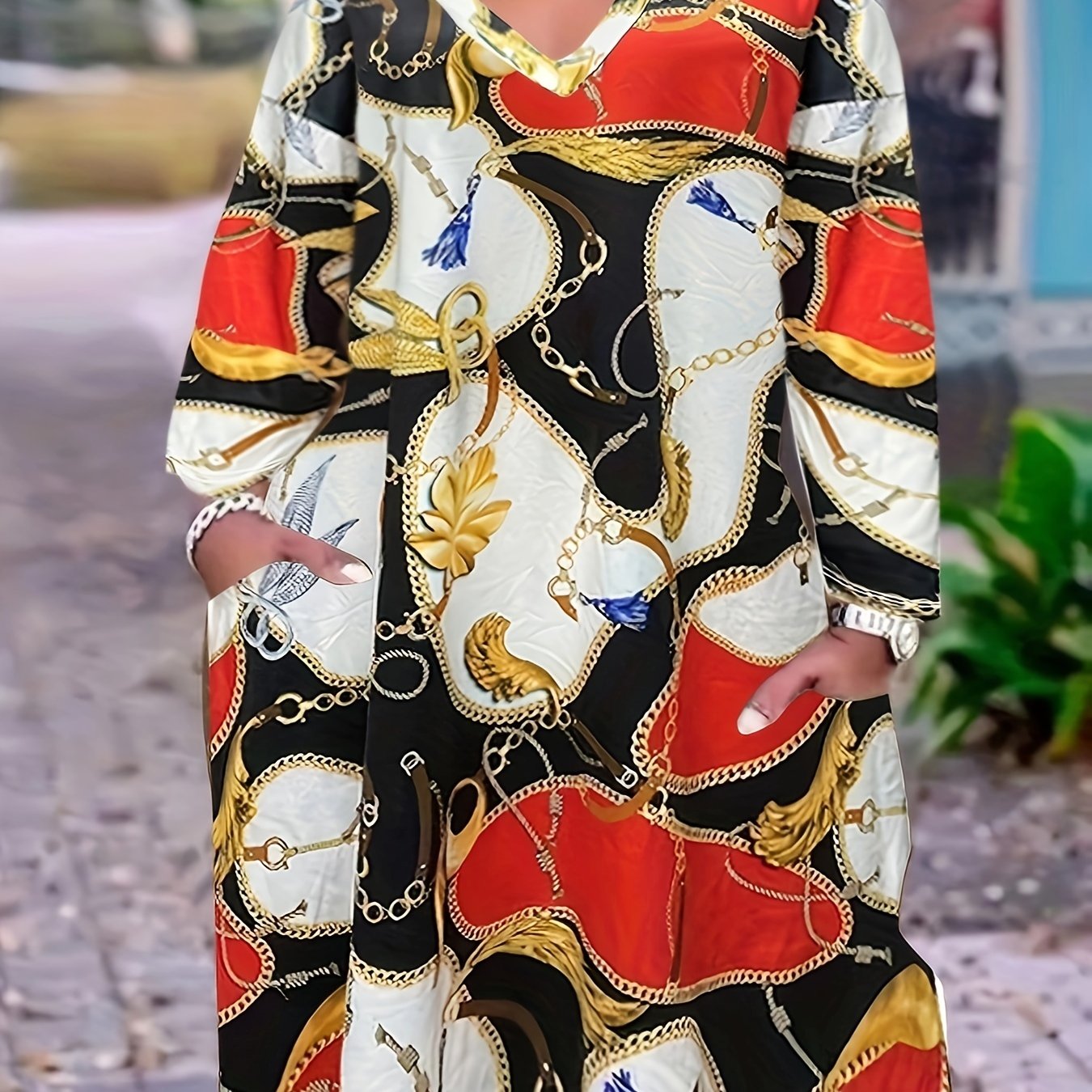  Colorblock Chain Print Long Sleeve V Neck Dress