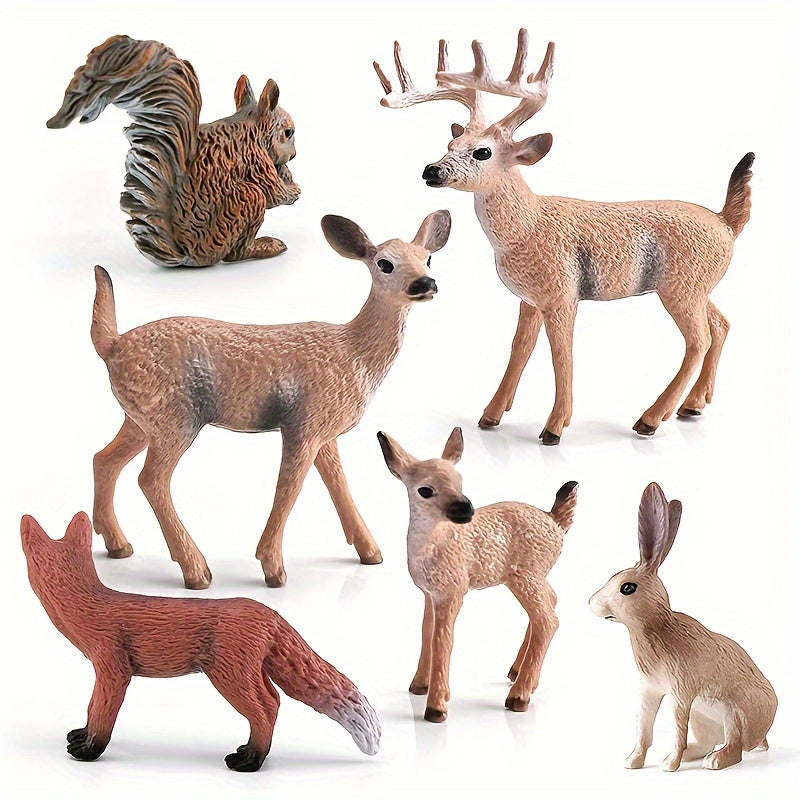 6pcs PVC Animal Set: Deer, Fox, Squirrel, Rabbit, Reindeer Desktop Ornament